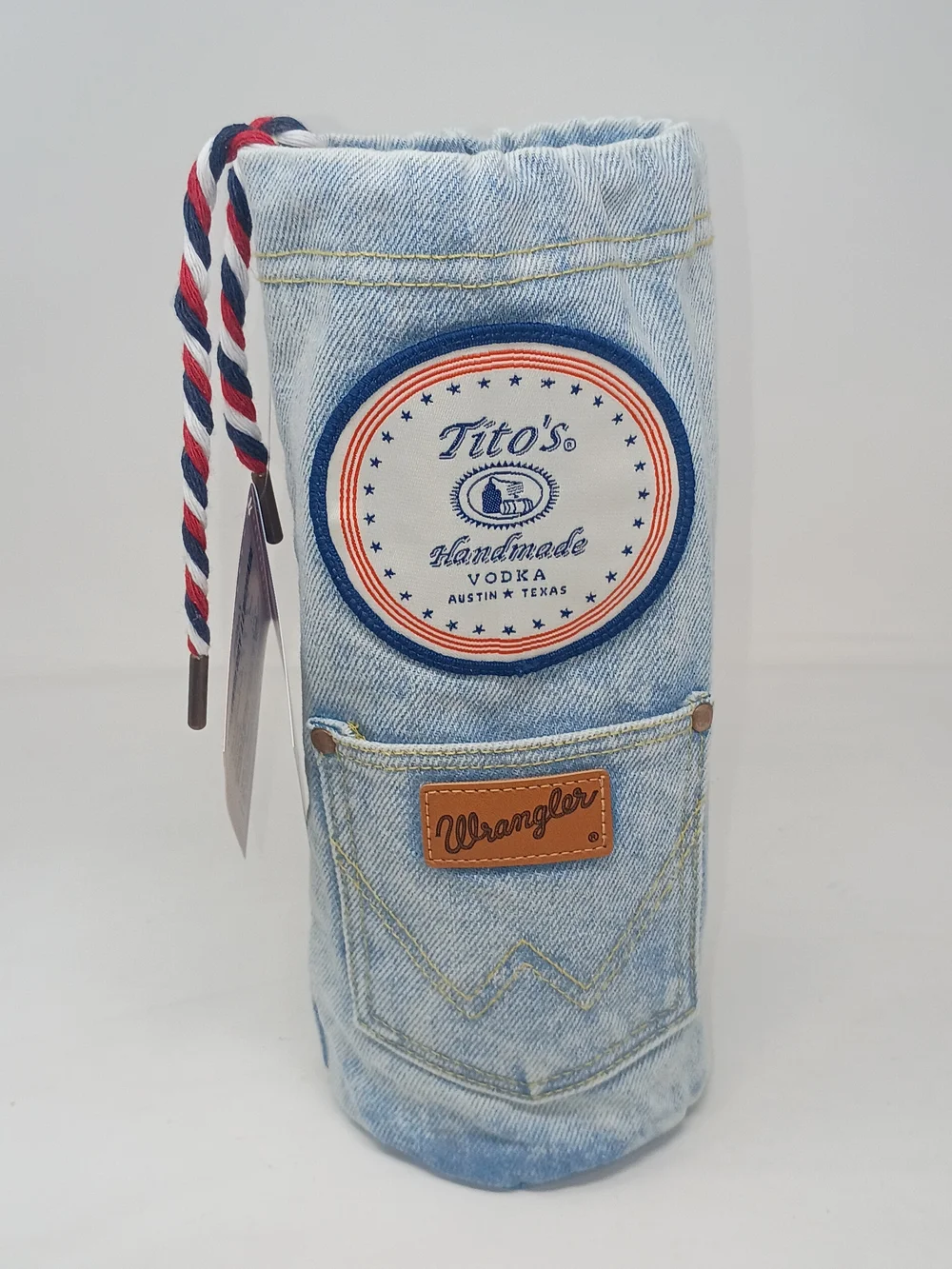 Wrangler Light Blue Denim Bottle Holder with Tito's Patch And Drawstring